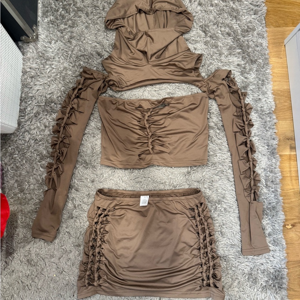 iHeartRaves 3 piece braided bodysuit - mini skirt, tube top, an hooded shrug